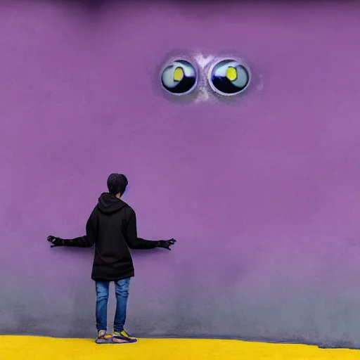 Prompt: blue frog with big illusion eyes in a black hoddie close to pink mushroom in front of a yellow wall, highly detailed, by greg rutkowski, 4 k