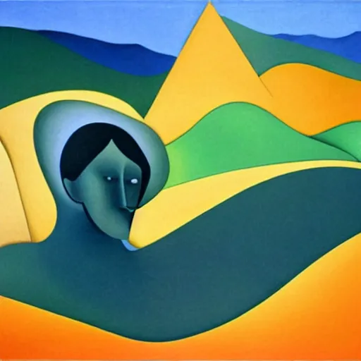 Image similar to woman as the natural landscape, her curves form the mountains and rivers of the land , high quality art in the style of cubism and georgia o’keefe,