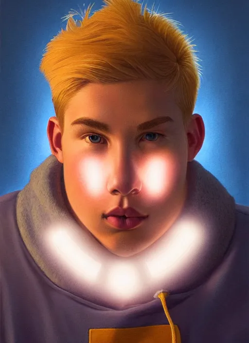 Image similar to portrait of high school senior boy named big moose, blonde short hair, jock, beefy, wide face, square jaw, square facial structure, blue varsity jacket with letter r, intricate, elegant, glowing lights, highly detailed, digital painting, artstation, concept art, sharp focus, illustration, art by wlop, mars ravelo and greg rutkowski