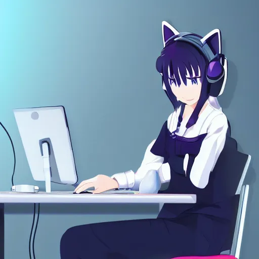 Image similar to anime girl with white hair and blue eyes, wearing cat ear headphones, sitting at desk at keyboard, programming, cute, pixiv, anime