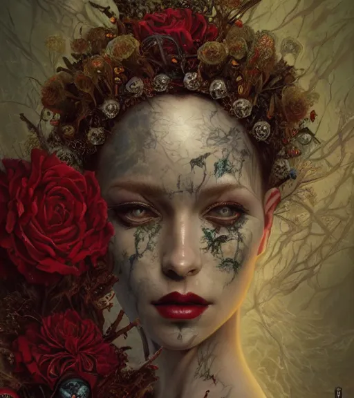 Image similar to portrait of the supreme queen of the blood cult, surrounded by skulls and overgrowth and dark flowers by karol bak, James Jean, tom bagshaw, rococo, trending on artstation, cinematic lighting, hyper realism, octane render, 8k, hyper detailed.