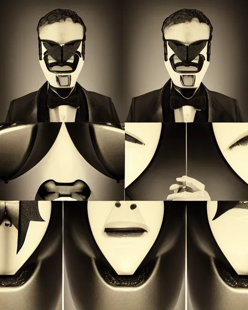 Prompt: portraits of a anthropomorphic-robot cyber-face techno mask in black tie suit by Eddie Mendoza retro photo by Louis Daguerre