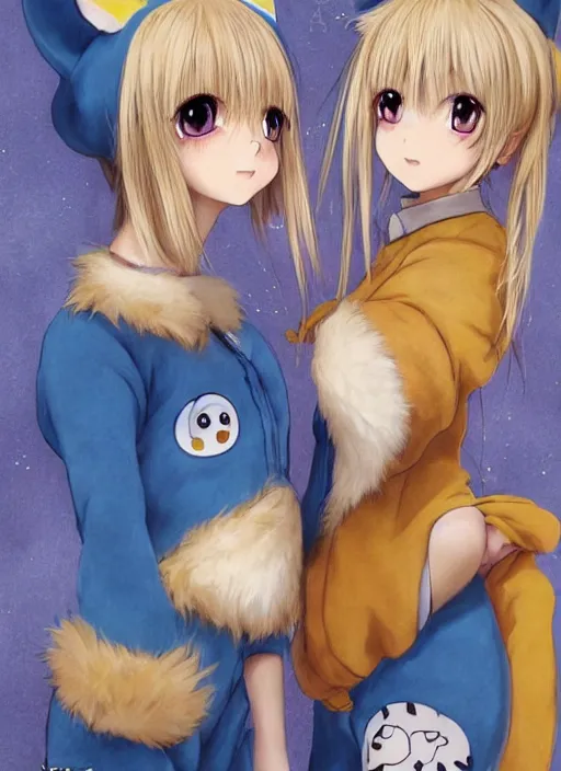 Image similar to highly detailed portrait of one blonde haired blue eyed and one brown haired brown eyed anime girl in animal themed onesies pressed against each other looking at us, happy, excited, digital art, cute, anime, detailed faces, well drawn faces, cute faces, hand drawn, 8 k, trending on artstation, detailed eyes, official media, by hayao miyazaki