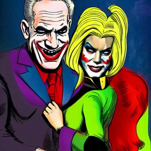 Image similar to portrait of Benjamin Netanyahu as the Joker and Sara Netanyahu as Harley Quinn, Neal Adams style ,Brian Bolland style