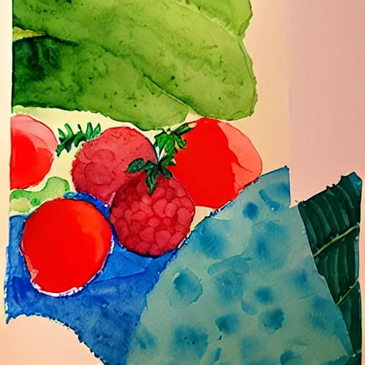 Image similar to watercolor and collage by eric carle, of a man day dreaming about fruit, peaceful mood