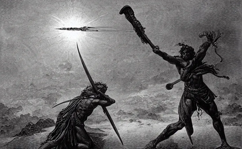 Image similar to the great greek warrior with a spear piercing the edge of the universe from the book of the long sun by gene wolfe, by gustave dore