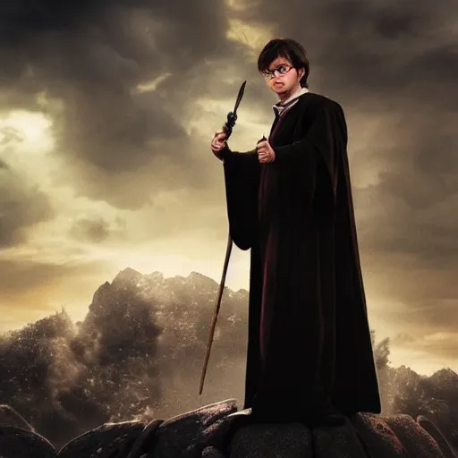 Image similar to Harry potter standing and holding a short wand, magic aura, side view, thunderclouds, cinematic shot, wide shot, epic scale, waving robe movement, photorealistic detail and quality, intricate cobblestone, floating rocks, particle effects, movie still, nighttime, crescent moon, sharp and clear, action shot, intense scene, visually coherent, symmetry, rule of thirds, movement, photorealistic colors, cool colors transitioning to warm colors, modest tone, award winning, directed by Steven Spielberg, Christopher Nolan, Tooth Wu, Asher Duran, artstation