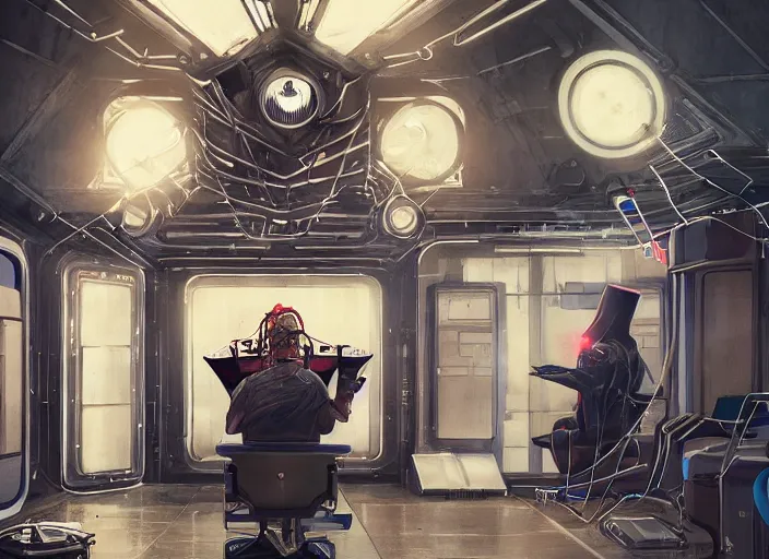 Image similar to a man sitting on a chair with things attached to his head, screens and monitors in front of him playing videos, ship interior, narrow hallway, scifi, dramatic lighting, dark, spotlight, surreal, by magali villeneuve