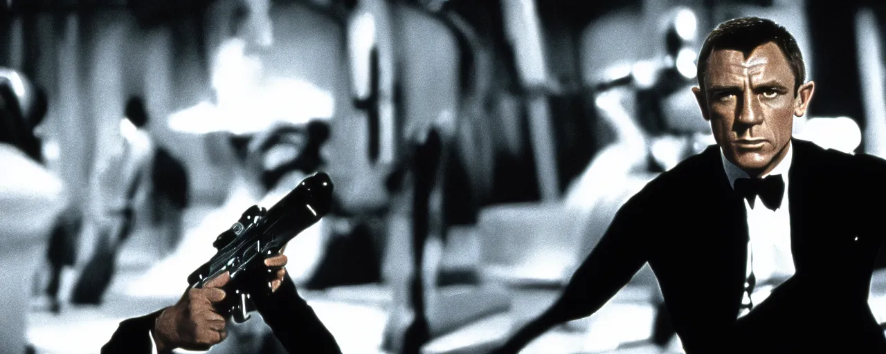 Prompt: a film still of James Bond in Star Wars 1977 high quality .