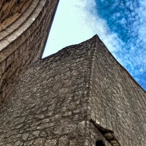 Prompt: photo taken from the bottom of a well looking up, seeing the walls of the well and a beautiful sky