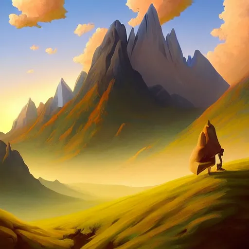 Prompt: a painting of a landscape with mountains and clouds, a matte painting by rhads, behance contest winner, fantasy art, 2 d game art, matte painting, concept art