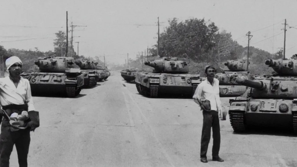 Image similar to old historic photograph of a single person in white shirt, holding white grocery bags, standing on the road facing four battle tanks approaching him