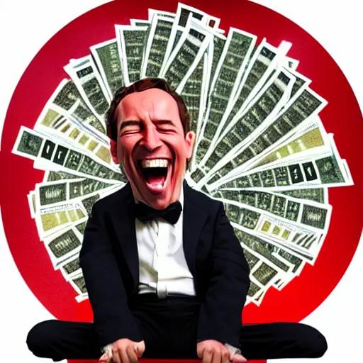 Image similar to a very small adult man sitting, laughing on a large pile of money, digital art, alex ross