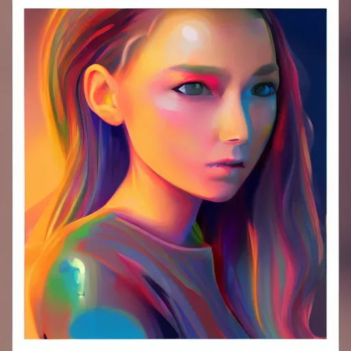 Image similar to a stylized image of a hard surfaces girl with long hair, digital art by ei - q, featured on pixiv, synchromism, flat shading, full body, metaphysical painting, speedpainting, digital painting, holographic undertones, highly saturated colors, 4 k, digital art, concept art, trending on artstation