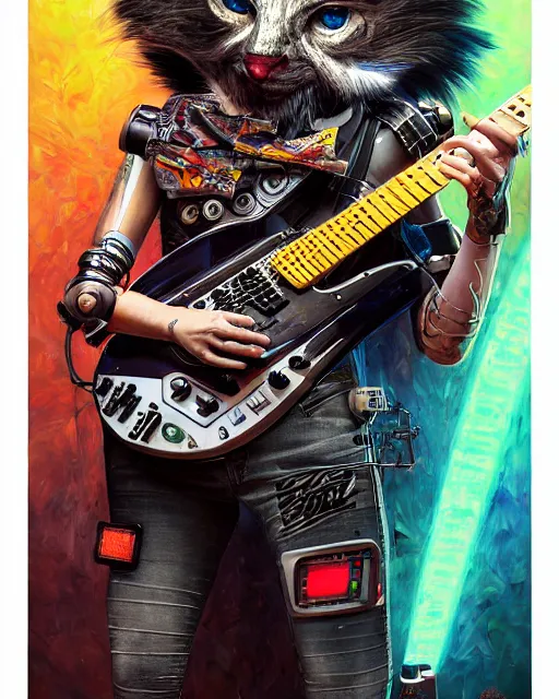 Image similar to a portrait of an anthropomorphic cyberpunk woolf shredding an electric guitar by sandra chevrier, by jon foster, detailed render, tape deck, epic composition, cybernetics, 4 k realistic, cryengine, realistic shaded lighting, sharp focus, masterpiece, by enki bilal