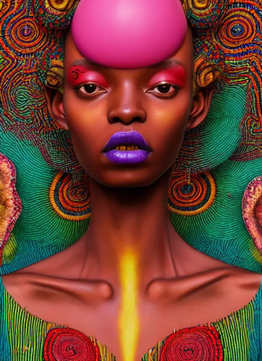 Image similar to pretty african model with hallucination mushroom : : by martine johanna and simon stalenhag and chie yoshii and casey weldon and wlop : : ornate, dynamic, particulate, rich colors, intricate, elegant, highly detailed, vogue, harper's bazaar art, fashion magazine, smooth, sharp focus, 8 k, octane render,