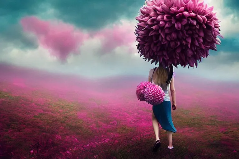 Image similar to giant dahlia flower crown head, girl walking, on mountain, surreal photography, pink storm clouds, dramatic light, impressionist painting, digital painting, artstation, simon stalenhag