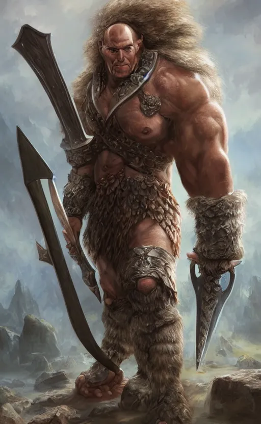 Image similar to a d & d portrait of a grey skinned barbarian, cyclops, giant double edged axe, 8 k, hyperrealistic, dragon slayer, hyperdetailed, fantasy portrait by laura sava