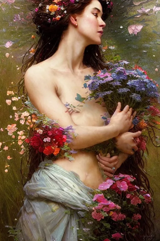 Image similar to portrait of a beautiful mysterious woman holding a bouquet of flowing flowers, wet dripping long hair, hands hidden under the bouquet, emerging from the water, fantasy, regal, intricate, by stanley artgerm lau, greg rutkowski, thomas kindkade, alphonse mucha, loish, norman rockwell