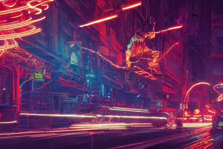 Prompt: magical sorcerer dances with bolts of electricity, digital art, intricate, dramatic lighting, neon colors, cinematic, art by jakub rebelka