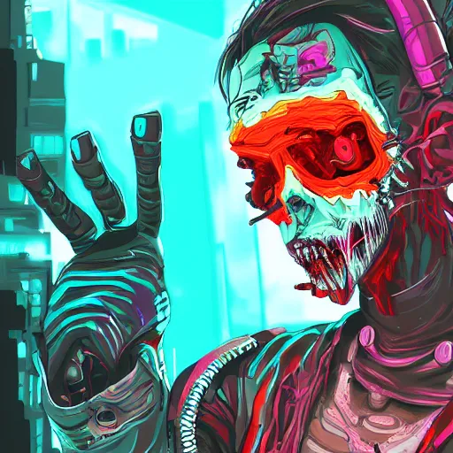 Prompt: digital painting of a cyberpunk zombie, hyperdetailed, vibrant colors, comic book style, cyberpunk, trending on Artstation