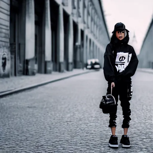 Image similar to photo of a female streetwear blogger in berlin from the year 1925, Fullbody color wideangle mediumshot dolly camera 4k 8k 130mm hd detailed, photo looks like it was taken in 2022