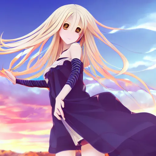 Image similar to a very beautiful anime cute girl, extremely long blond hair reaching the ground, full body, long wavy blond hair, sky blue eyes, full round face, short smile, fancy top, miniskirt, front view, summer lake setting, cinematic lightning, medium shot, mid-shot, highly detailed, trending on Artstation, Unreal Engine 4k, cinematic wallpaper by Stanley Artgerm Lau, WLOP, Rossdraws, James Jean, Andrei Riabovitchev, Marc Simonetti, and Sakimichan