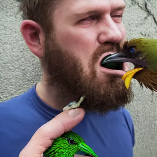 Image similar to photo of man with bird in his mouth