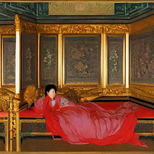 Image similar to the ornate bedchamber of a chinese princess, with screens and silks, by frederic leighton