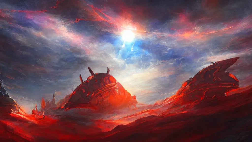 Prompt: A silver spacecraft meet gods of Egypt over the roaring scarlet red ocean draw by Art station artist Anato Finnstark, blue and orange lighting, foggy atmosphere , Bottom view