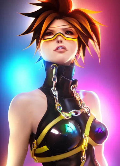 Image similar to full body digital artwork of tracer overwatch, wearing black iridescent rainbow latex bikini, 4 k, expressive happy smug expression, makeup, in style of mark arian, wearing detailed black leather collar, wearing chains, black leather harness, leather cuffs around wrists, detailed face and eyes,