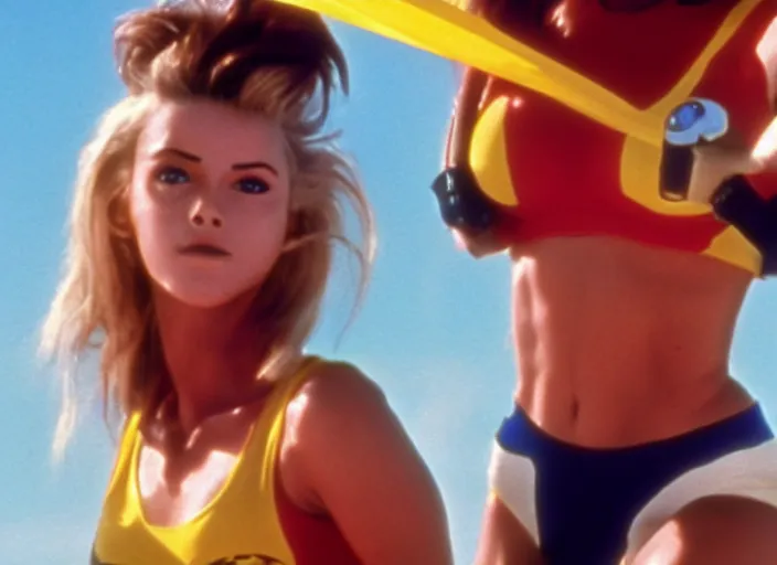 Image similar to a film still of a waman called tracer from overwatch in baywatch ( 1 9 8 9 )