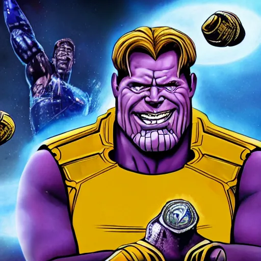 Image similar to nick saban as thanos with the gauntlet and infinity stones, championship rings, alabama, crimson tide, portrait, high detail