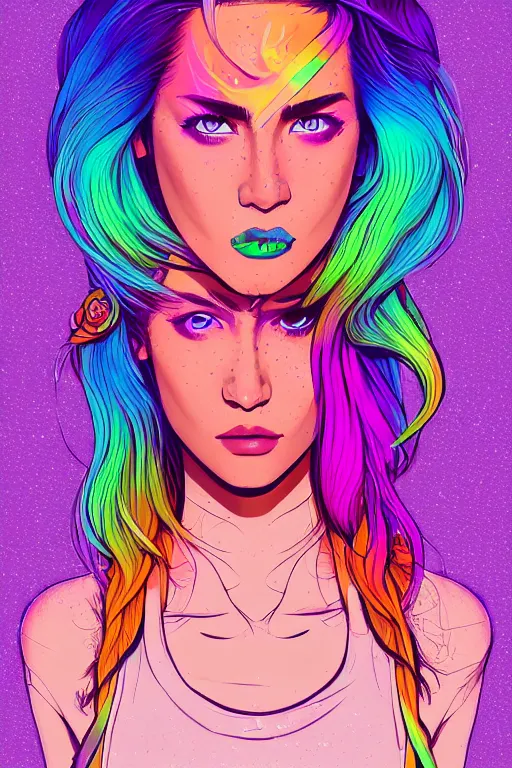 Image similar to a award winning half body portrait of a beautiful woman with stunning eyes in a printed croptop and cargo pants with rainbow colored ombre hairstyle head in motion and hair flying by josan gonzales, outrun, vaporware, shaded flat illustration, digital art, trending on artstation, highly detailed, fine detail, intricate