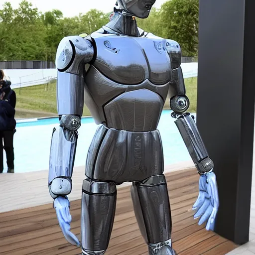 Image similar to a realistic detailed photo of a guy who is an attractive humanoid who is half robot and half humanoid, who is a male android, soccer player martin ødegaard, shiny skin, posing like a statue, blank stare, by the pool, on display, showing off his muscles, humanoid robot, frozen ice statue