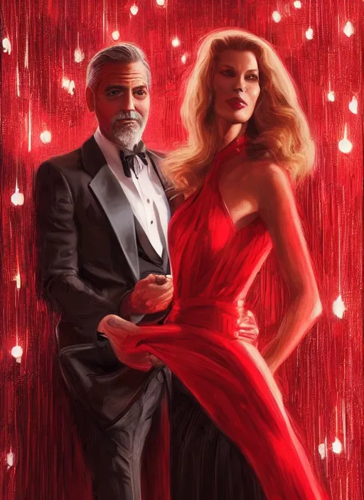 Image similar to portrait of george clooney wearing a formal black suit and kim basinger wearing a red dress in love, intricate, elegant, glowing lights, highly detailed, digital painting, artstation, glamor pose, concept art, smooth, sharp focus, illustration, art by wlop and greg rutkowski