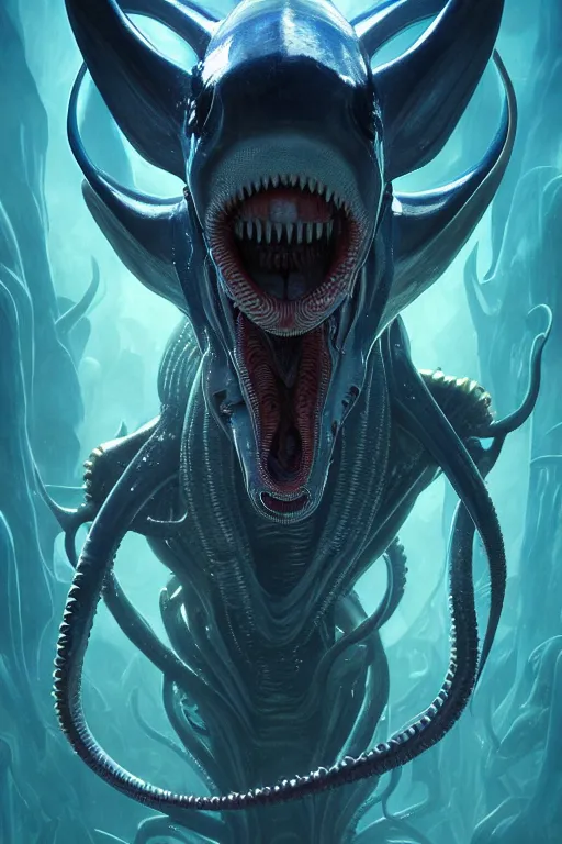 Prompt: underwater xenomorph alien mixed with sharks extra teeth, tentacles, labyrinth, highly detailed, digital painting, artstation, concept art, smooth, sharp focus, illustration, unreal engine 5, 8 k, art by artgerm and greg rutkowski and alphonse mucha and ifbb pro fitness photograph, giger