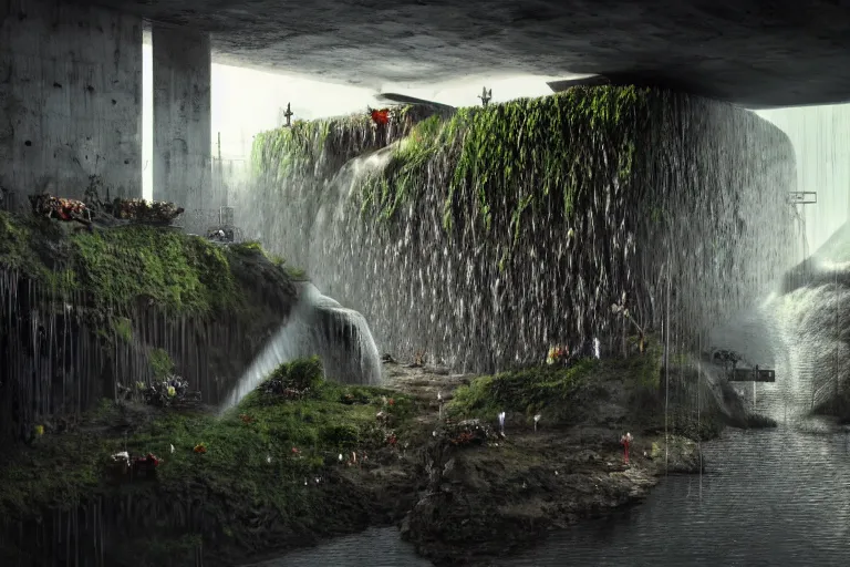 Prompt: favela bunker insect hive, brutalist waterfall environment, industrial factory, spooky, award winning art, epic dreamlike fantasy landscape, ultra realistic,