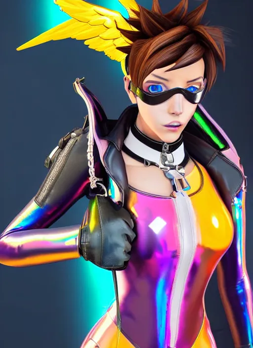 Image similar to portrait bust digital artwork of tracer overwatch, wearing iridescent rainbow latex and leather straps catsuit outfit, neon makeup, in style of mark arian, angel wings, wearing detailed leather collar, chains, black leather harness, detailed face and eyes,