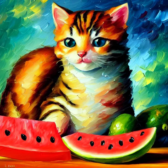 Prompt: colourful painting of cute little kitty and watermelon, art in paul lehr and leonid afremov style, close shot, bright, evening, soft lighting, focus, masterpiece art