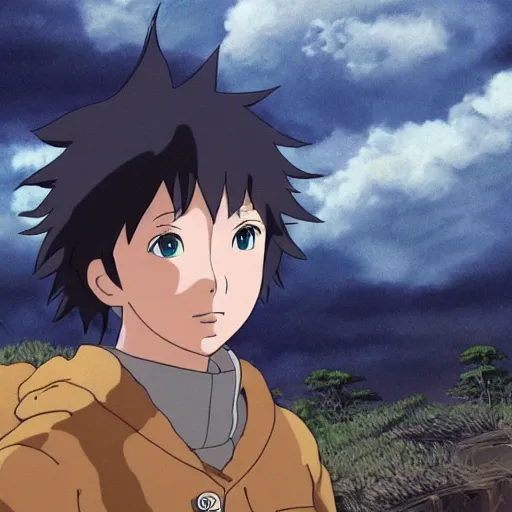 Prompt: friendly guy with Fragile looking portrait face stormy clouds made by Studio Ghibli highly detailed art, beautiful scene, sharp focus, smooth, 8k, anime art