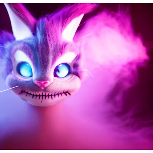 Image similar to vanishing cheshire cat, volumetric lighting, fog, vanishing, disaspora, modelsociety, radiant skin, huge anime eyes, rtx on, perfect face, intricate, sony a 7 r iv, symmetric balance, polarizing filter, photolab, lightroom, 4 k, dolby vision, photography award