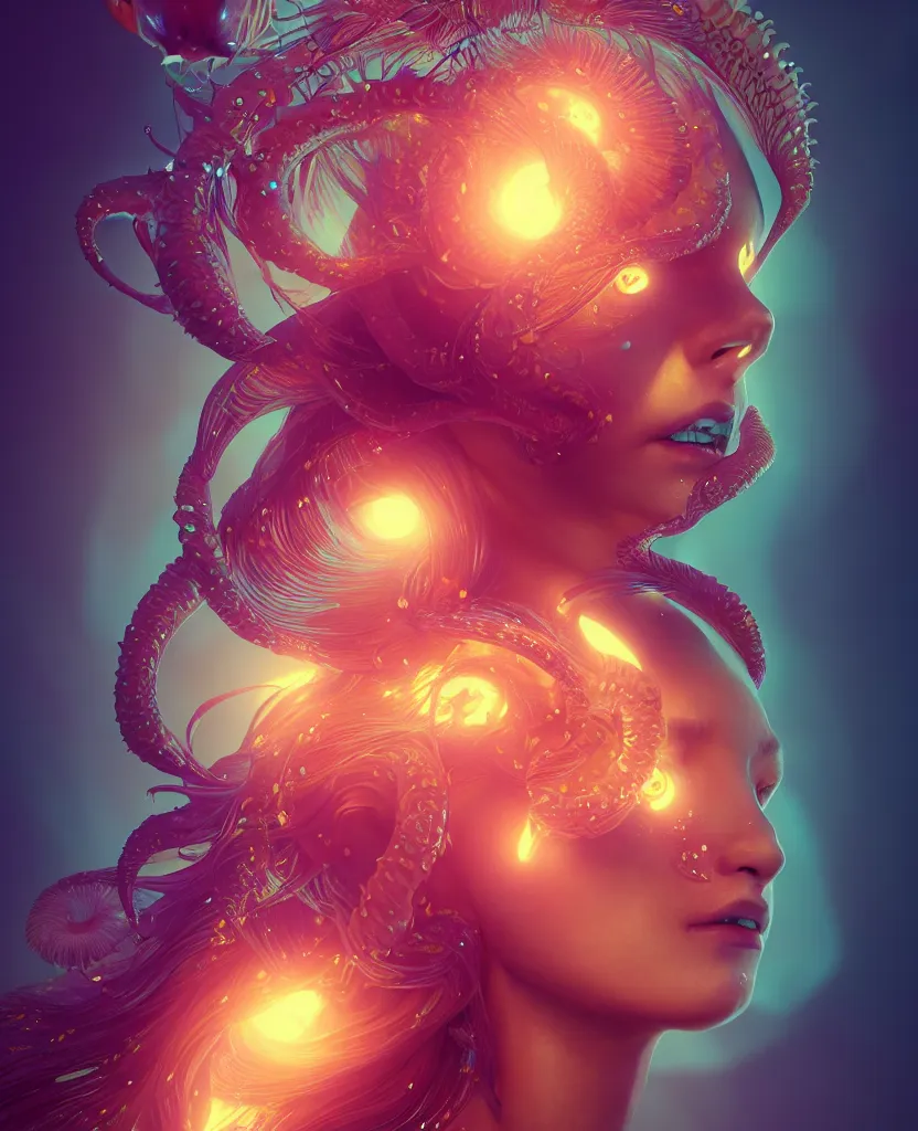 Image similar to goddess close-up portrait. chimera orchid jellyfish phoenix head, nautilus, skull, betta fish, bioluminiscent creatures, intricate artwork by Tooth Wu and wlop and beeple. octane render, trending on artstation, greg rutkowski very coherent symmetrical artwork. cinematic, hyper realism, high detail, octane render, 8k