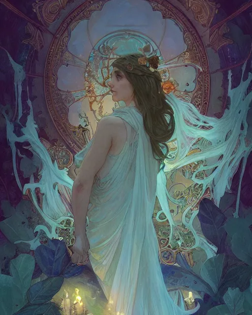 Image similar to death, highly detailed, gold filigree, romantic storybook fantasy, soft cinematic lighting, award, disney concept art watercolor illustration by mandy jurgens and alphonse mucha and alena aenami, pastel color palette, featured on artstation