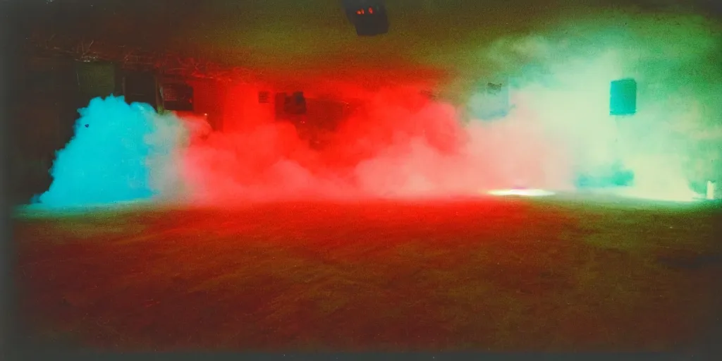 Prompt: colourful polaroid photo of an empty discotheque hall, with smoke, flashing strobe lights