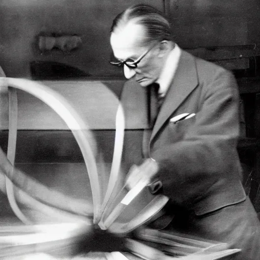 Image similar to a long exposure shot of Marcel Duchamp working on a readymade object, archival pigment print