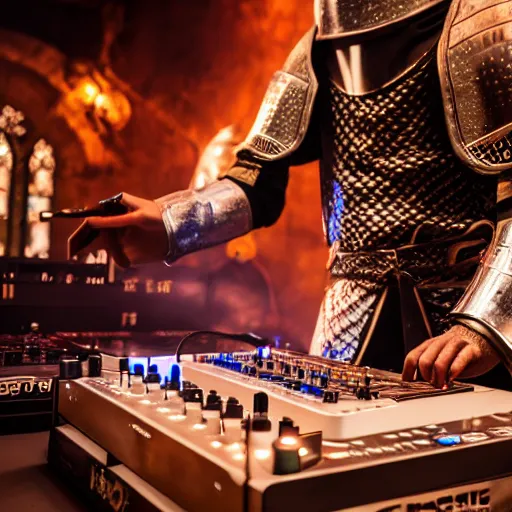 Image similar to photograph of a dubstep dj in holy templar knight armor djing during a medieval party, 8 k resolution, high detail