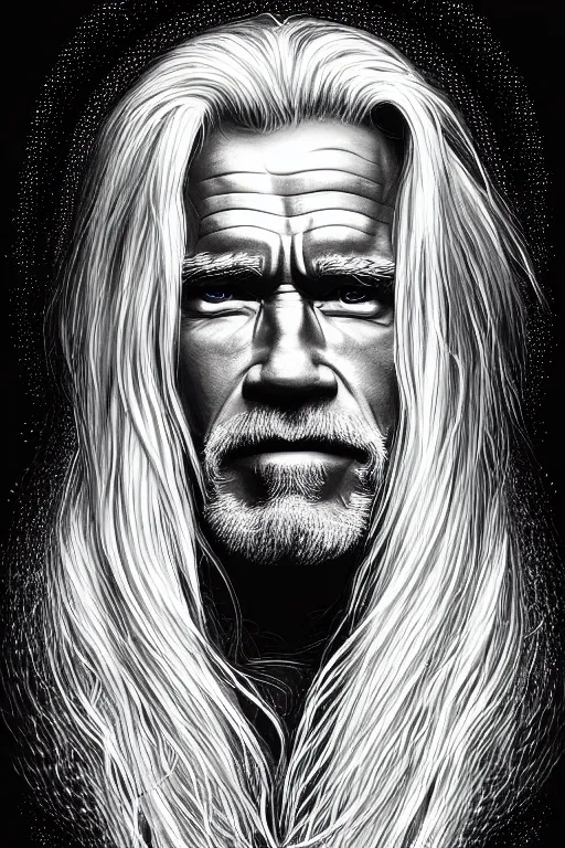 Prompt: Portrait of arnold Schwarzenegger with long white hair, elegant, photorealistic, highly detailed, artstation, smooth, sharp focus, celtic rune ornaments, neon lighting, sci-fi, art by Klimt