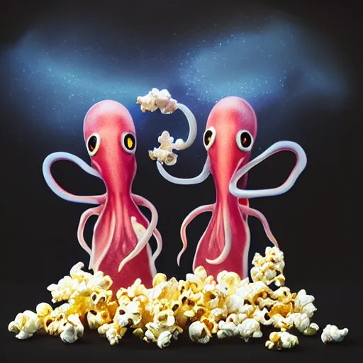 Image similar to hyper realistic, two headed squid eating popcorn at the cinema