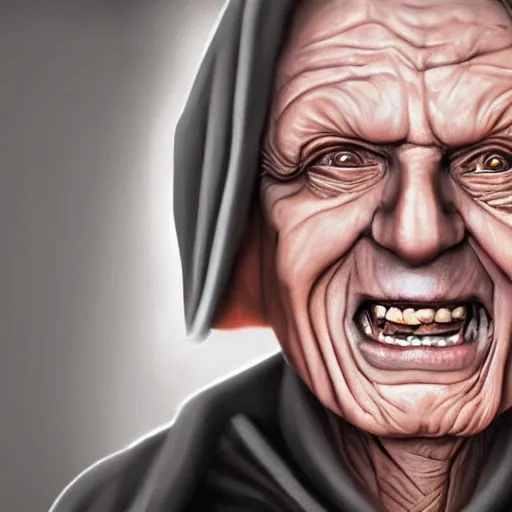 Image similar to portrait of Emperor Palpatine, Orange eyes, circles under the eyes, laughing, photorealism, 4k, super detail, Star Wars movie Style